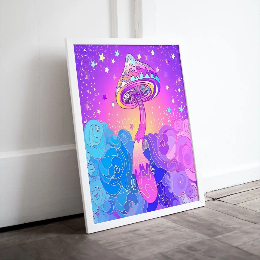 Fantasy Mushroom Art Set Of Two PRINTABLE ART, Funky Urban Decor, Abstract Neon Artwork, Mushroom Decor, Trippy Art, Purple Street Art
