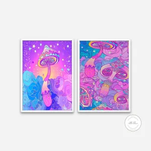 Fantasy Mushroom Art Set Of Two PRINTABLE ART, Funky Urban Decor, Abstract Neon Artwork, Mushroom Decor, Trippy Art, Purple Street Art