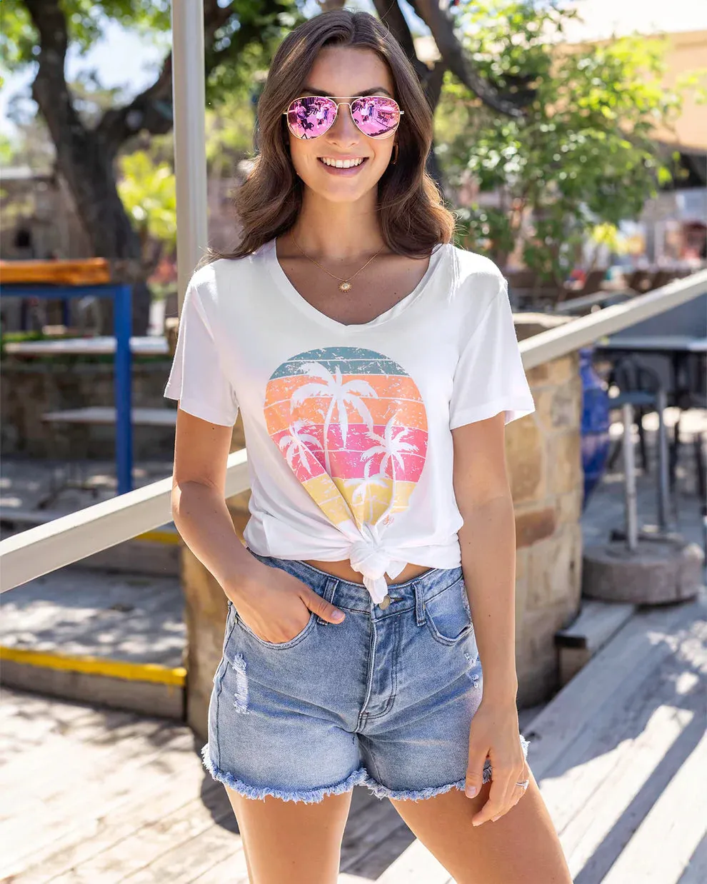 Grace & Lace VIP Favorite Perfect V-Neck Graphic Tee - Palm Trees