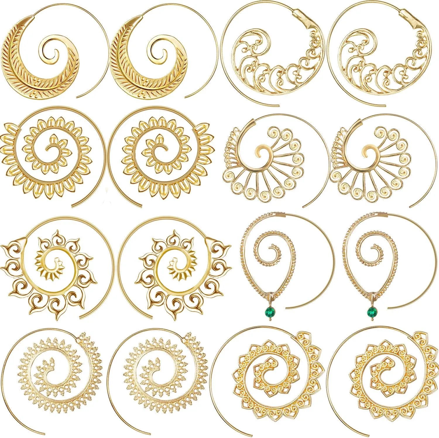 Hicarer 8 Pairs Bohemian Vintage Hoop Earrings Circles Tribal Spiral Earrings for Women (Gold)