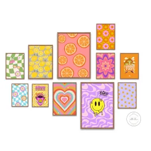 Hippie Gallery Wall 11 Pieces PRINTABLE WALL ART, Wall Art Colorful, Lemon Heart Smiley Face Flowers, Trippy Wall Art, Hippie Decor