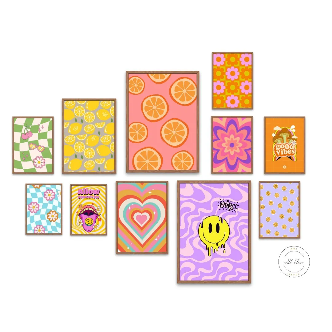 Hippie Gallery Wall 11 Pieces PRINTABLE WALL ART, Wall Art Colorful, Lemon Heart Smiley Face Flowers, Trippy Wall Art, Hippie Decor