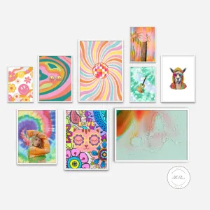 Hippie Gallery Wall Art 9 Piece PRINTABLE WALL ART, Hippie Decor, 70S Retro Wall Art, Maximalist Wall Art, Trippy Posters, Tie Die Colorful