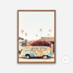 Hippie Van Photography PRINTABLE ART, Flower Power Décor, California Beach Print, Beach Van, Pastel Wall Prints, Hippie Decor
