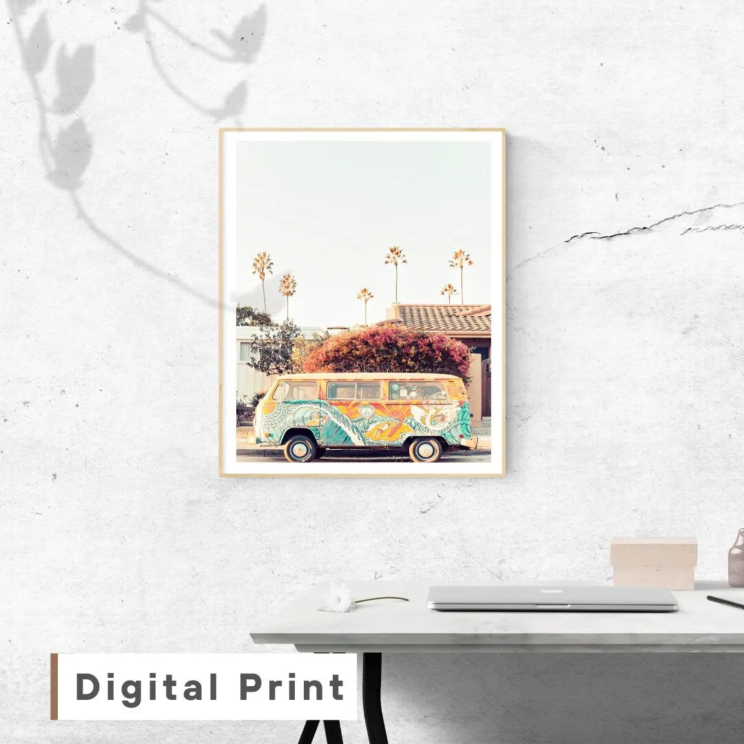 Hippie Van Photography PRINTABLE ART, Flower Power Décor, California Beach Print, Beach Van, Pastel Wall Prints, Hippie Decor