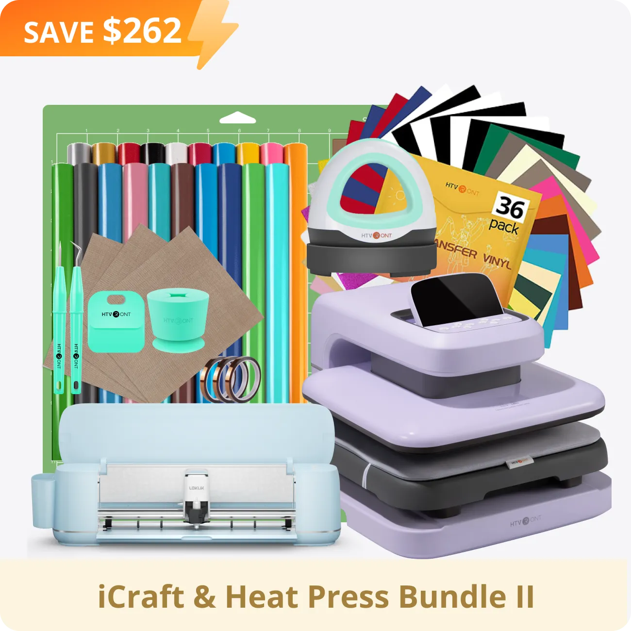 [iCraft & Heat Press Bundle Ⅱ] LOKLiK iCraft™ Cutting Machine   Auto2 Heat Press 15"x15"   Mini Heat Press   Accessories Bundle(20 rolls HTV, 36 sheets HTV, essential tools)