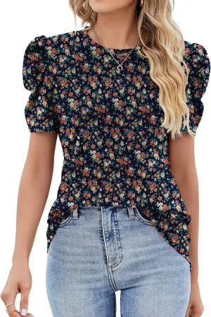 Ivicoer Puff Short Sleeve Shirt for Women Eyelet Tops Summer Crewneck Blouse Loose Fit S-XXL
