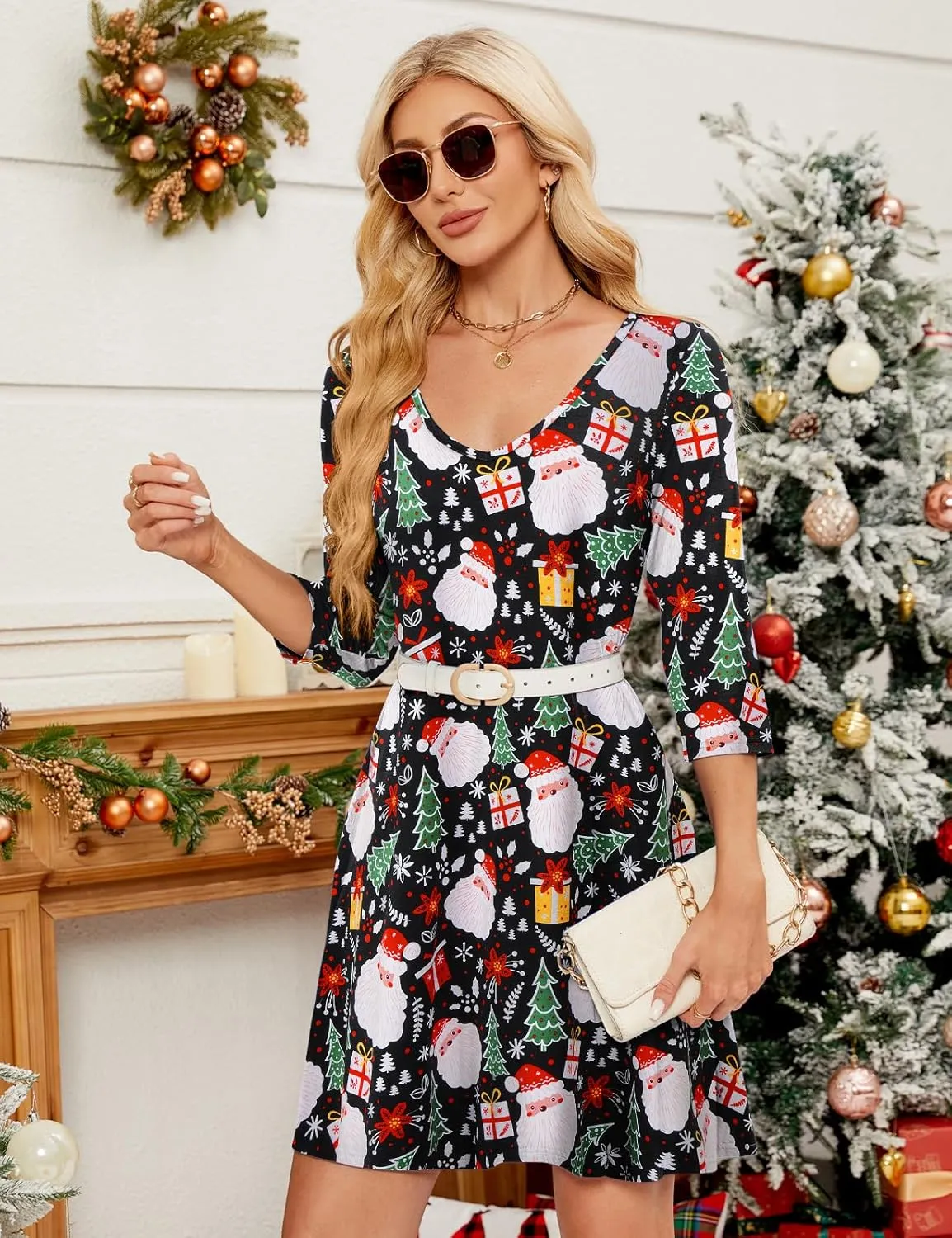 JollieLovin Women 3/4 Sleeve Plus Size Casual Fall Dresses 2024 V Neck T Shirt Long Tunic Dress