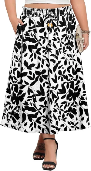 Lastshe Plus Size Maxi Skirts for Women Summer Boho Pleated Elastic High Waist A-line Long Skirt with Pockets