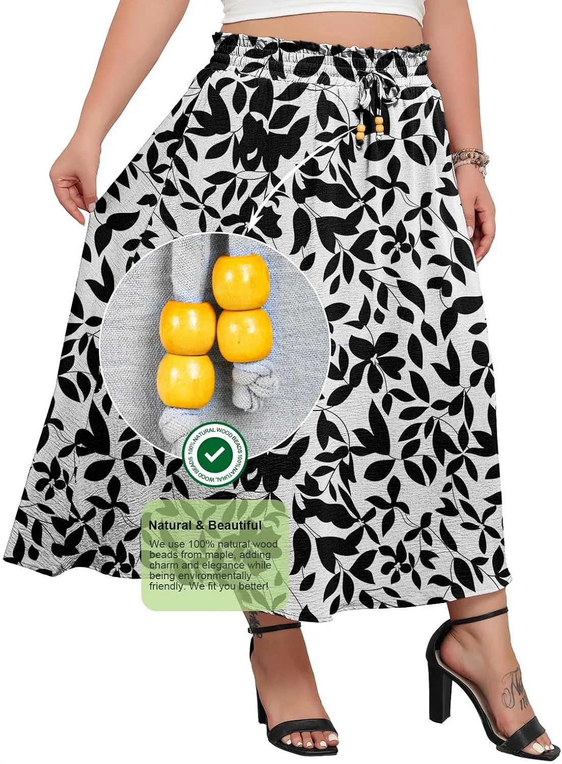 Lastshe Plus Size Maxi Skirts for Women Summer Boho Pleated Elastic High Waist A-line Long Skirt with Pockets