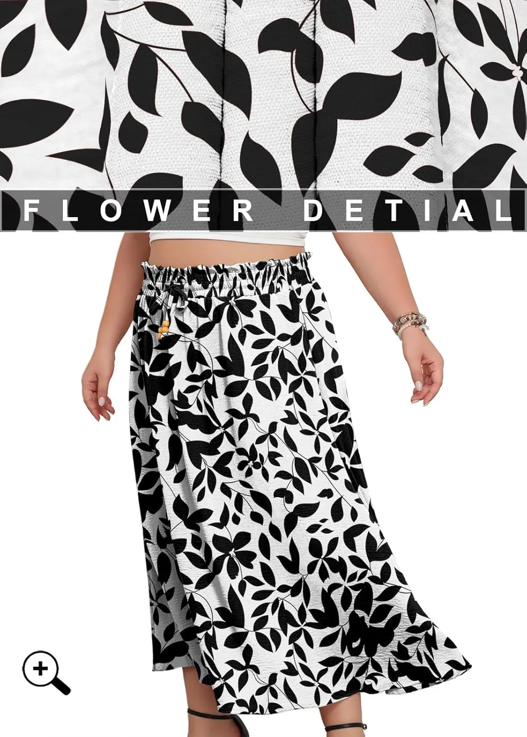 Lastshe Plus Size Maxi Skirts for Women Summer Boho Pleated Elastic High Waist A-line Long Skirt with Pockets