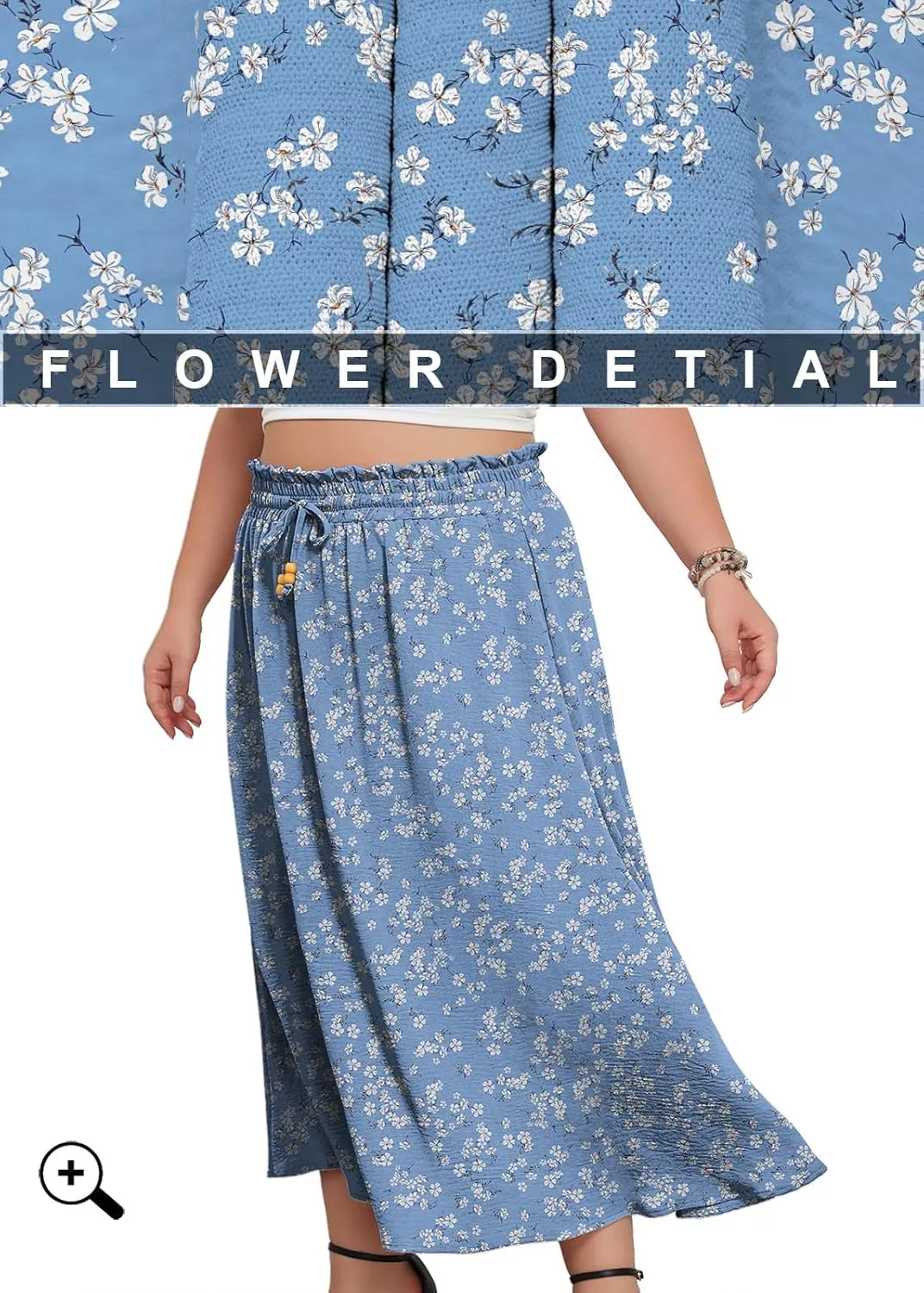 Lastshe Plus Size Maxi Skirts for Women Summer Boho Pleated Elastic High Waist A-line Long Skirt with Pockets