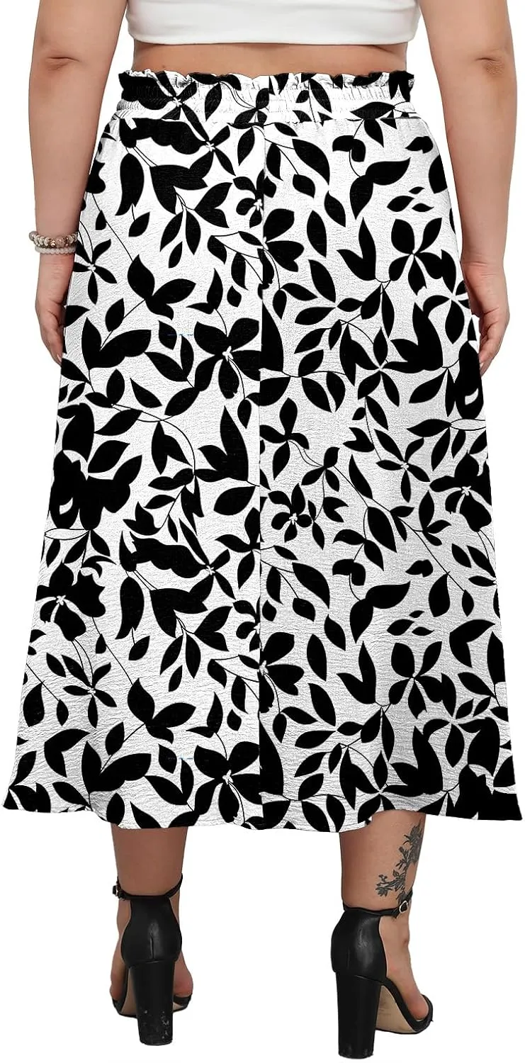 Lastshe Plus Size Maxi Skirts for Women Summer Boho Pleated Elastic High Waist A-line Long Skirt with Pockets