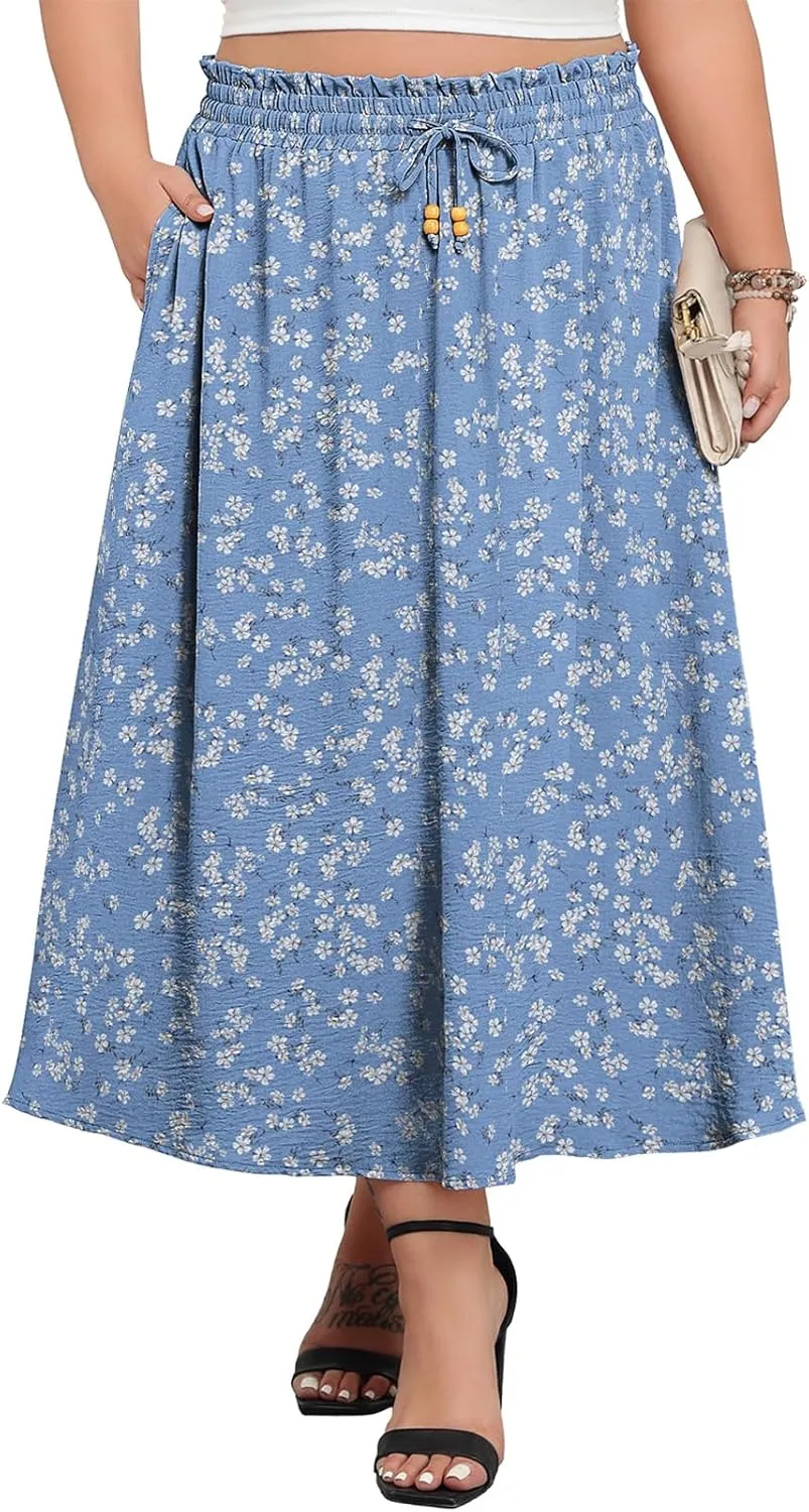 Lastshe Plus Size Maxi Skirts for Women Summer Boho Pleated Elastic High Waist A-line Long Skirt with Pockets