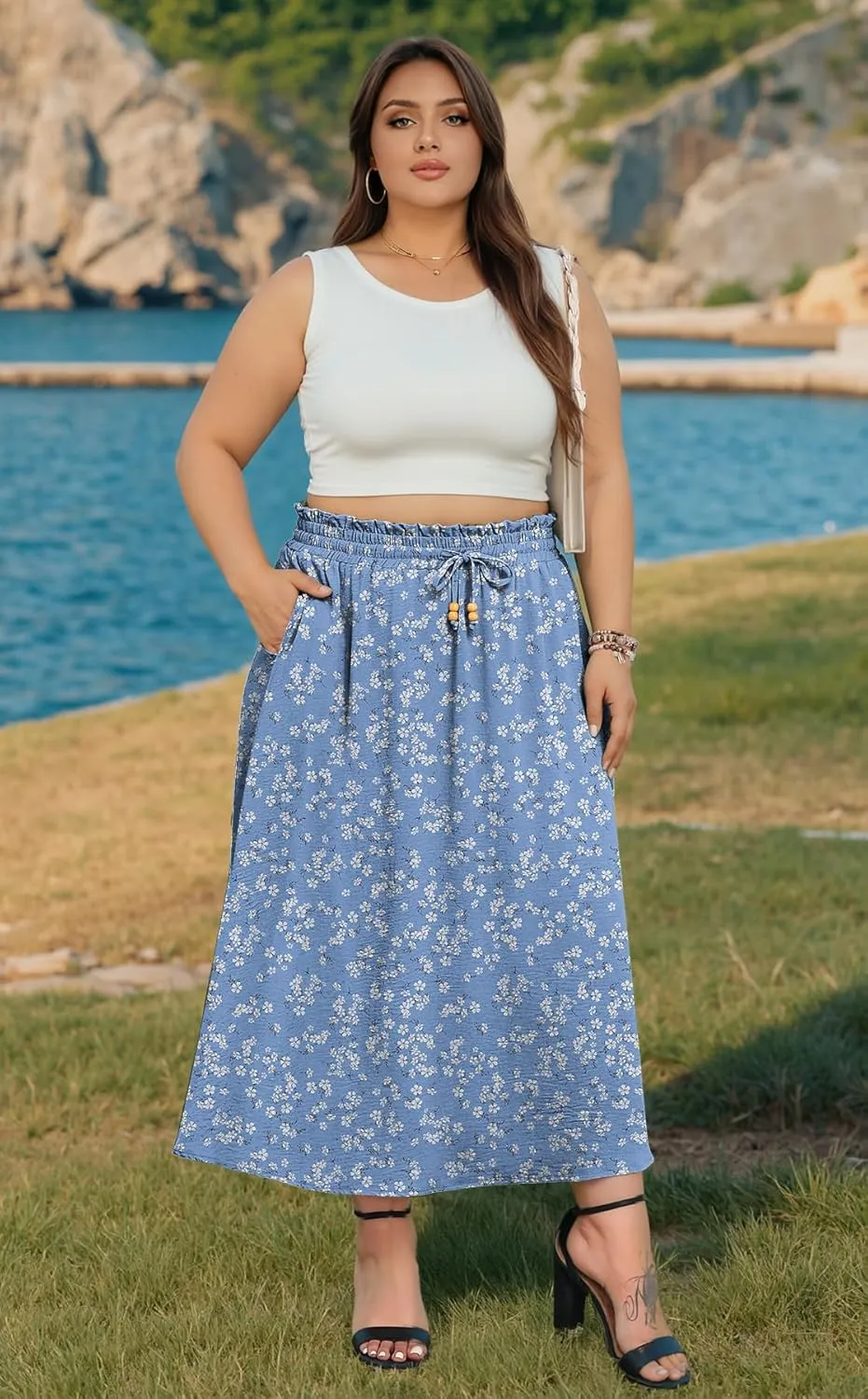 Lastshe Plus Size Maxi Skirts for Women Summer Boho Pleated Elastic High Waist A-line Long Skirt with Pockets