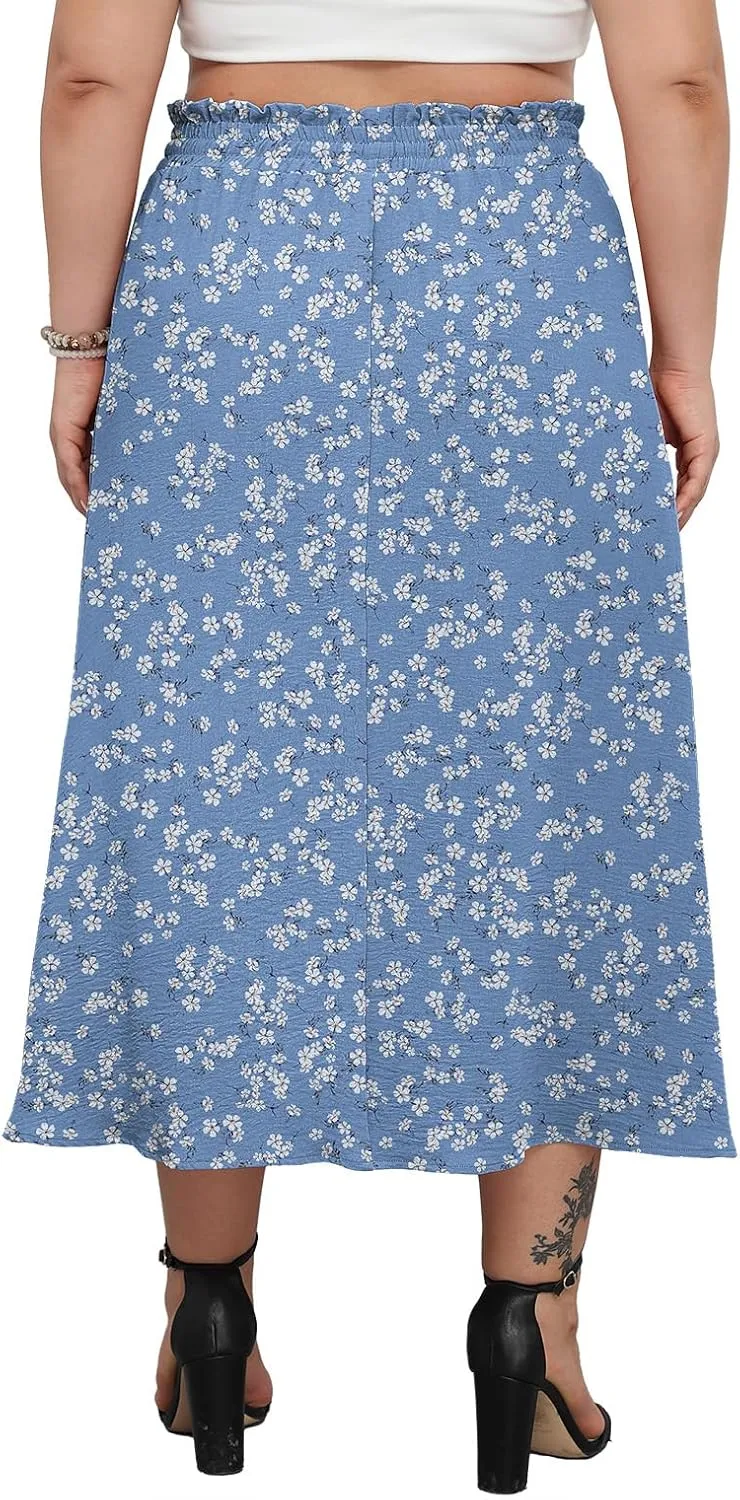 Lastshe Plus Size Maxi Skirts for Women Summer Boho Pleated Elastic High Waist A-line Long Skirt with Pockets