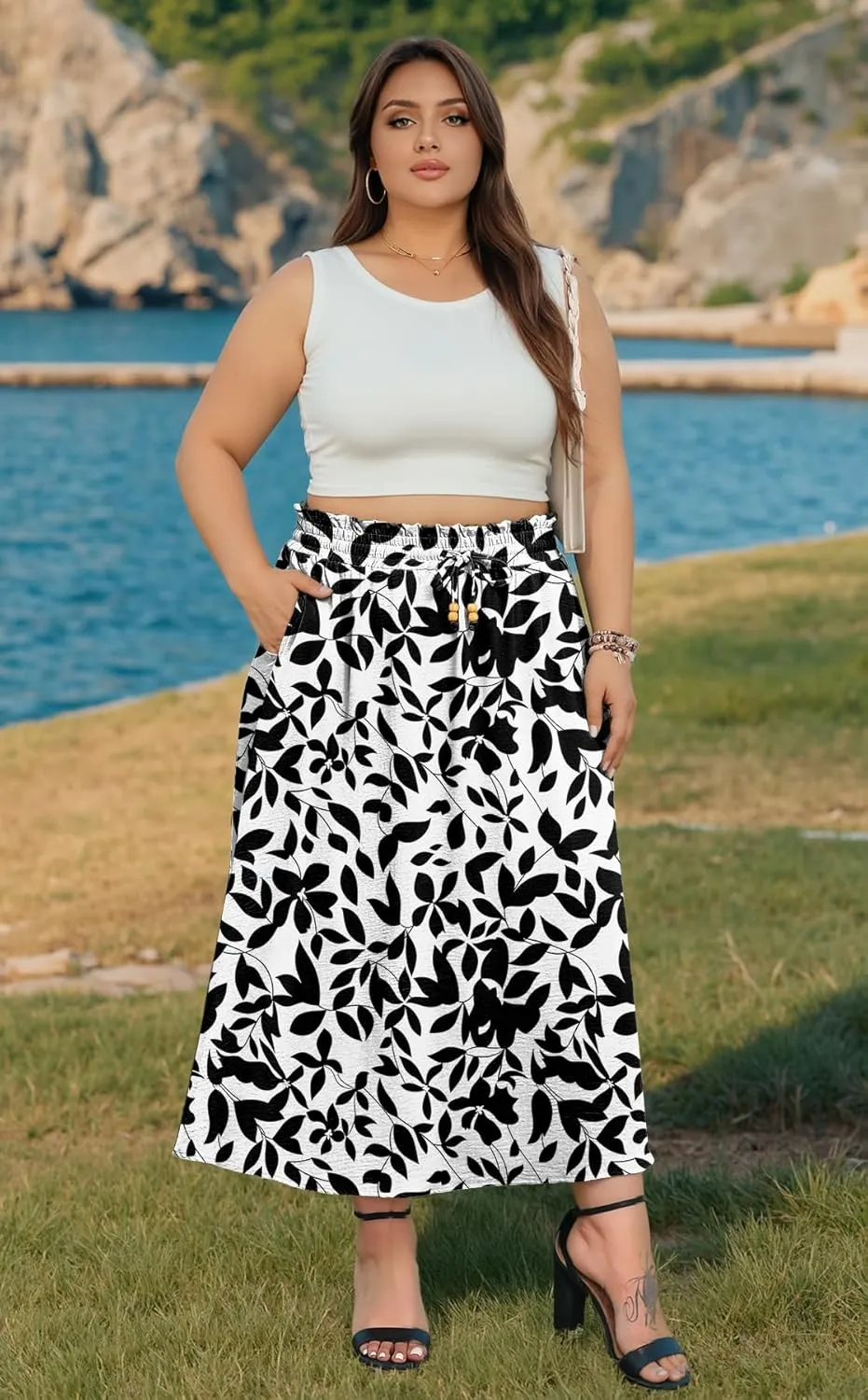 Lastshe Plus Size Maxi Skirts for Women Summer Boho Pleated Elastic High Waist A-line Long Skirt with Pockets