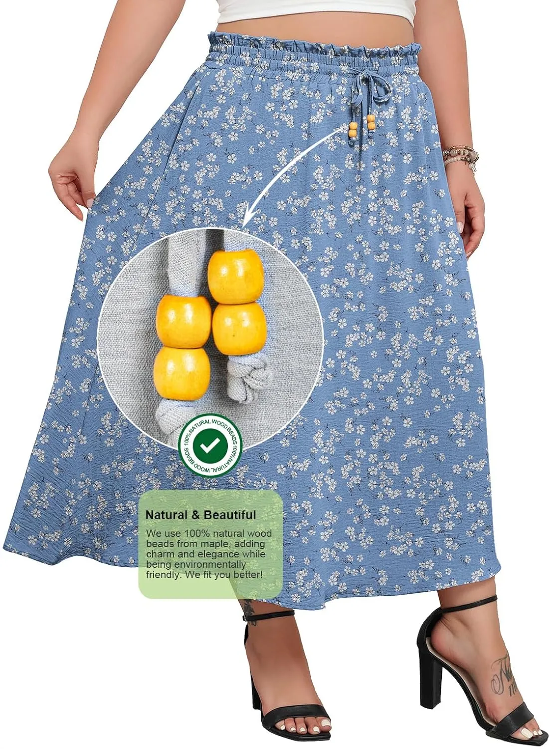 Lastshe Plus Size Maxi Skirts for Women Summer Boho Pleated Elastic High Waist A-line Long Skirt with Pockets