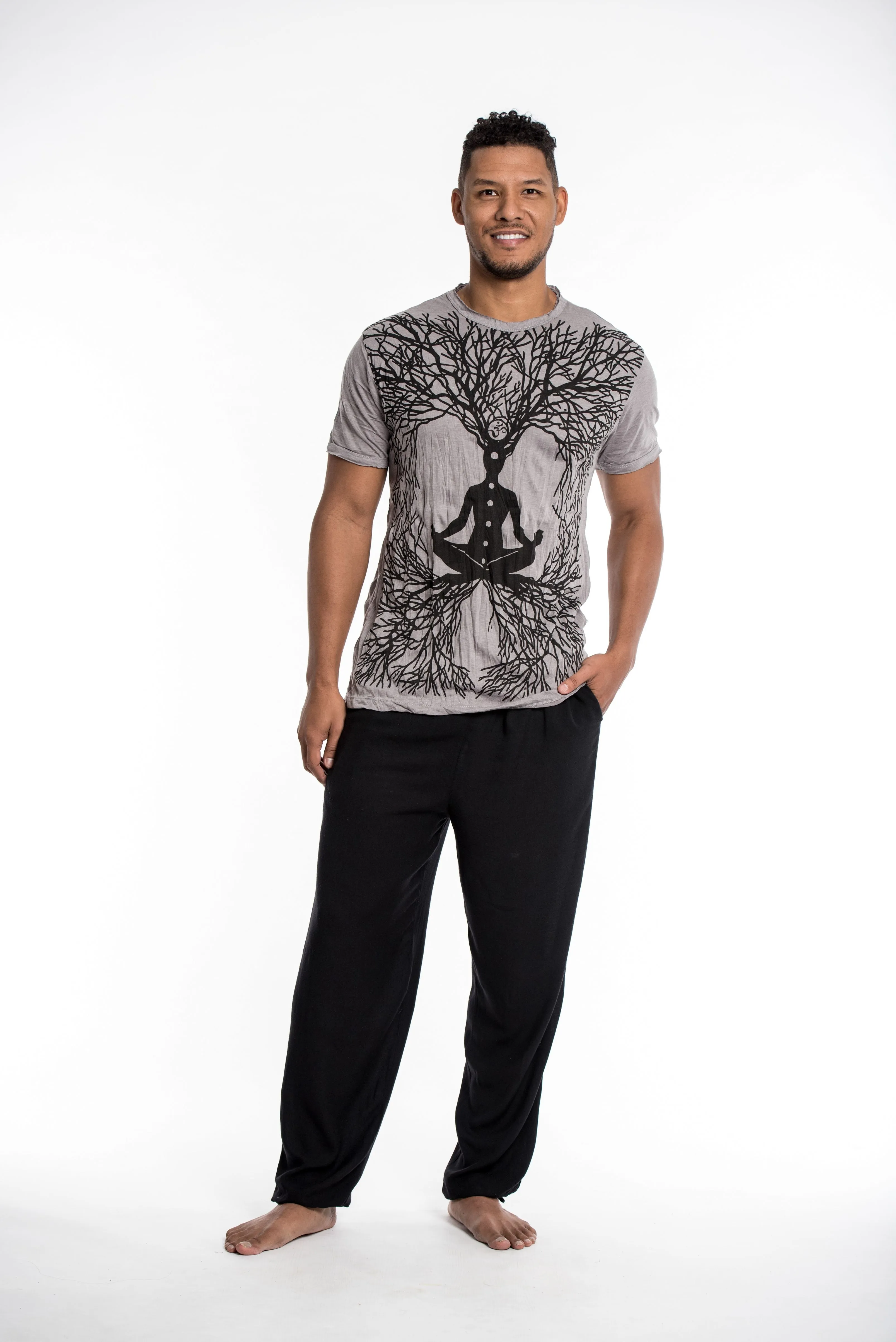 Mens Om Meditation Tree T-Shirt in Gray