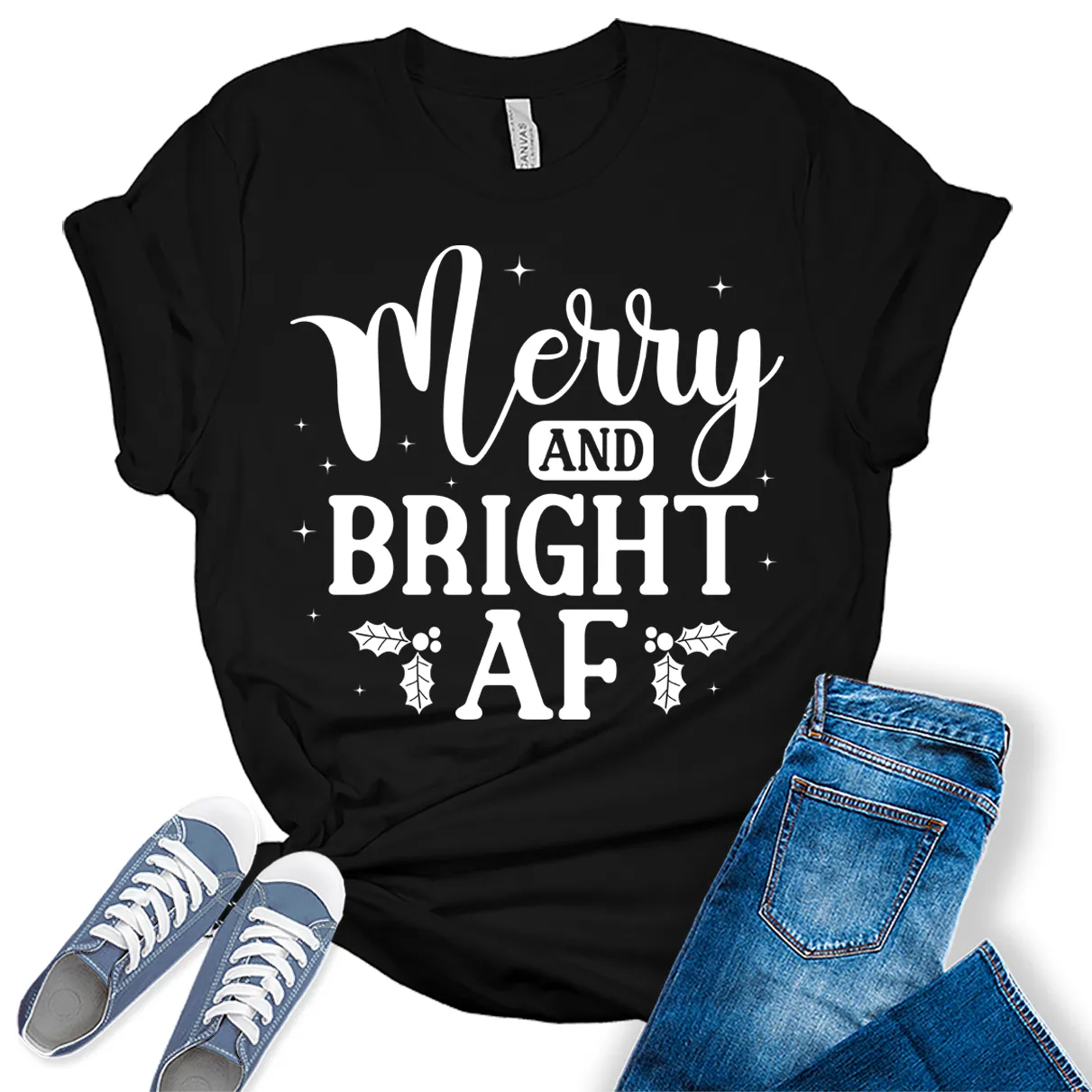 Merry and Bright AF Christmas Shirts for Women Funny Holiday Graphic Tees