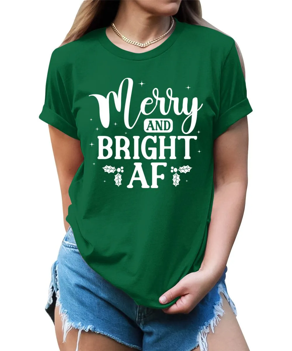 Merry and Bright AF Christmas Shirts for Women Funny Holiday Graphic Tees