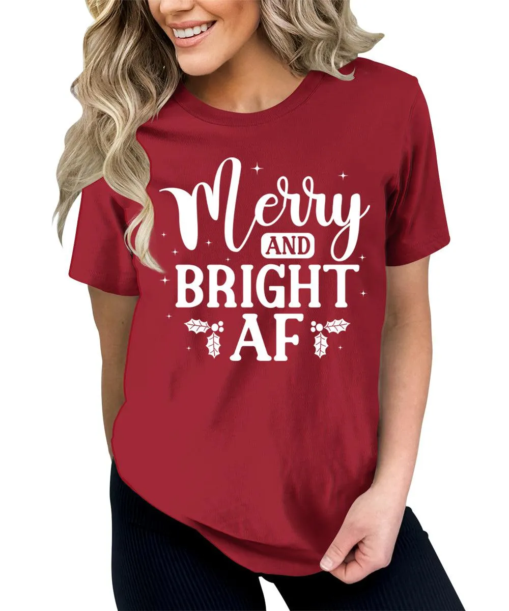 Merry and Bright AF Christmas Shirts for Women Funny Holiday Graphic Tees