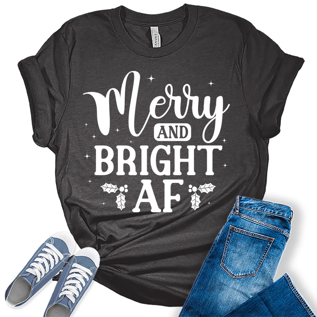 Merry and Bright AF Christmas Shirts for Women Funny Holiday Graphic Tees