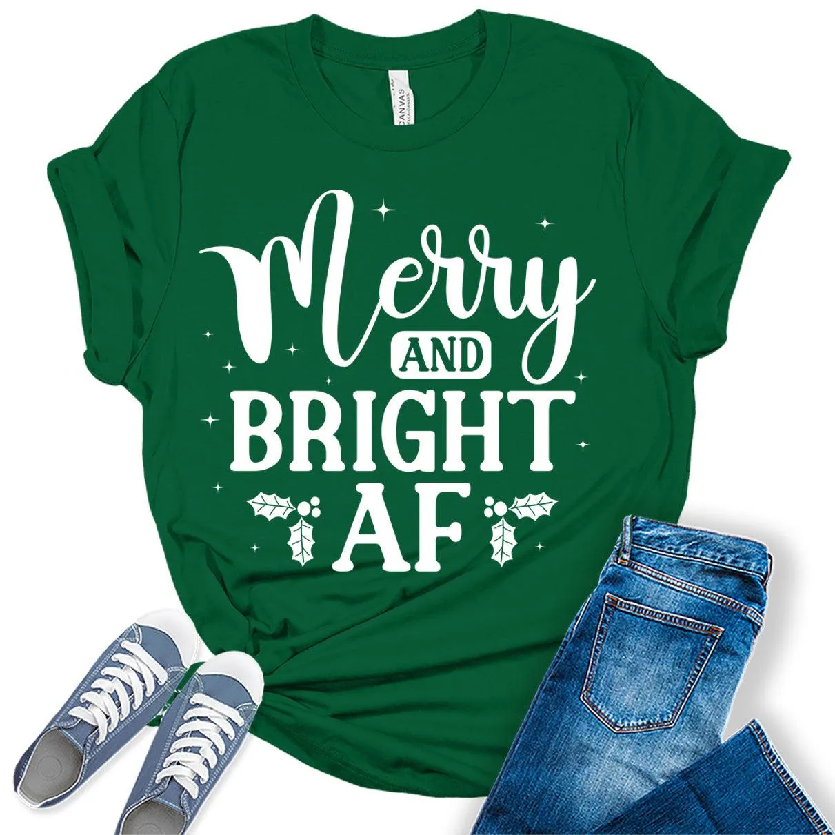 Merry and Bright AF Christmas Shirts for Women Funny Holiday Graphic Tees