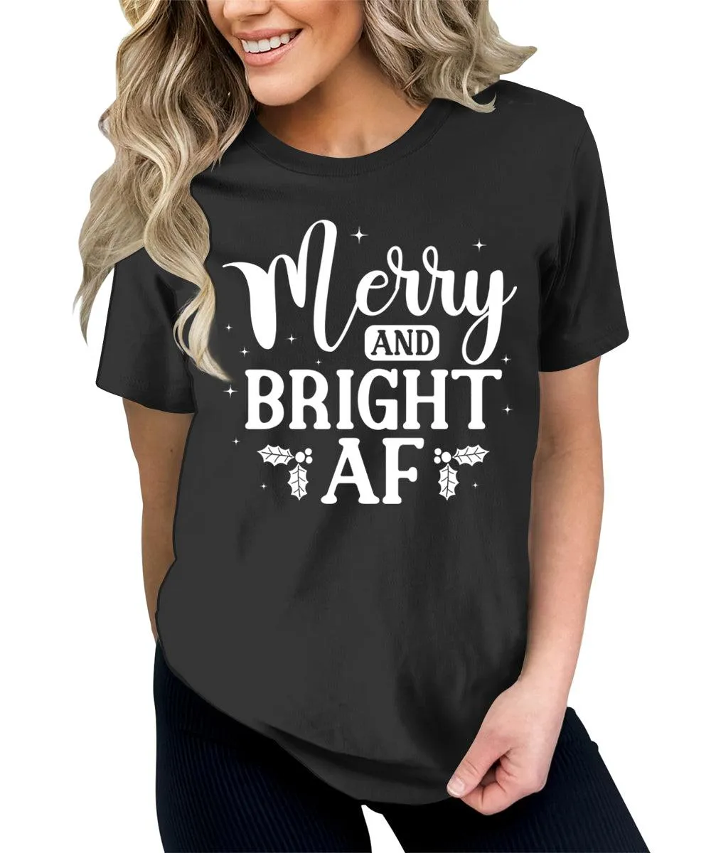 Merry and Bright AF Christmas Shirts for Women Funny Holiday Graphic Tees