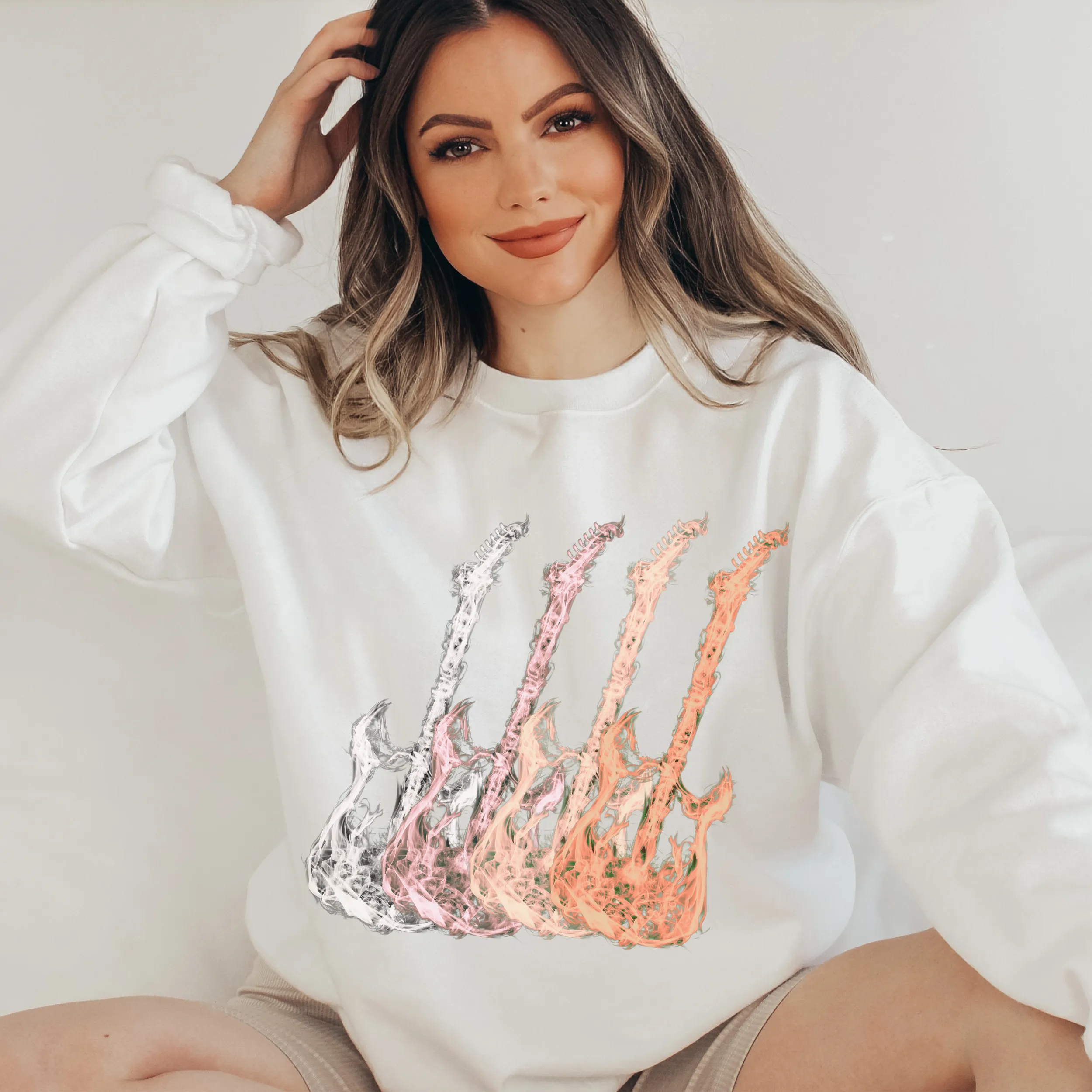 Metal Guitars Unisex Heavy Blend™ Crewneck Sweatshirt Front or Back Design Colorful Rose Gold, Silver, Gold Guitars, Trendy Music Shirt