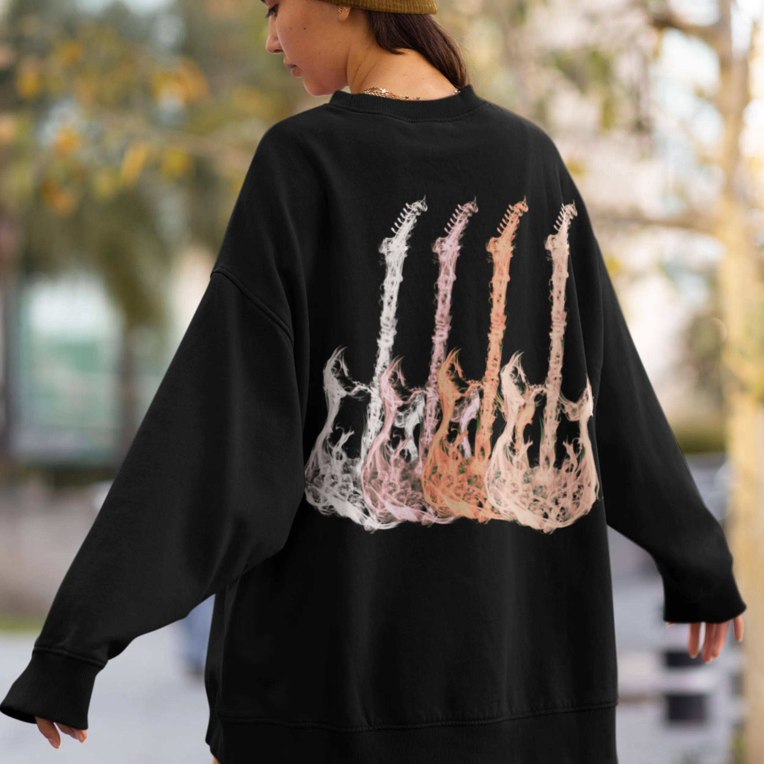Metal Guitars Unisex Heavy Blend™ Crewneck Sweatshirt Front or Back Design Colorful Rose Gold, Silver, Gold Guitars, Trendy Music Shirt
