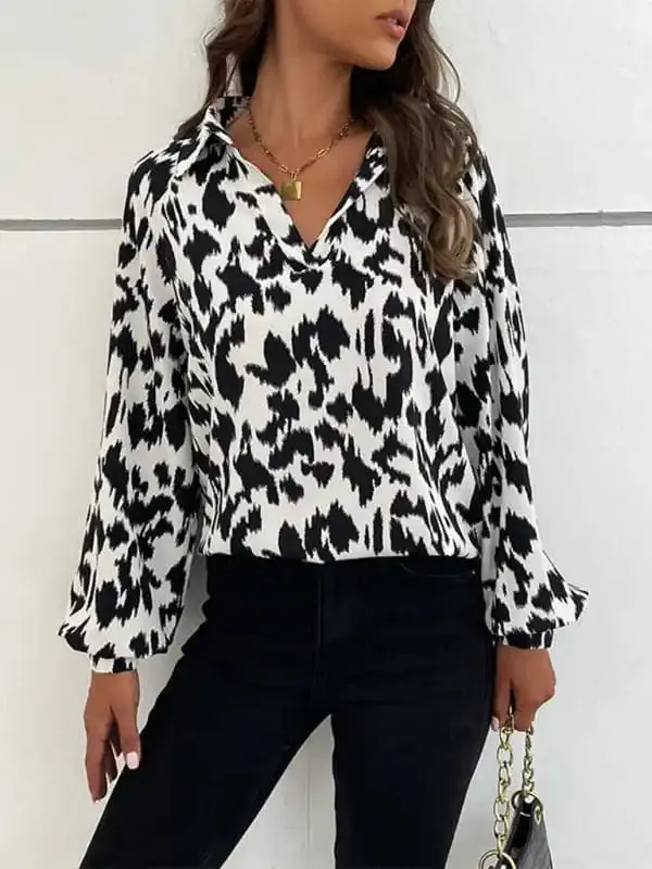 New Retro Fashion Lapel Long Sleeve Printed Shirt Top