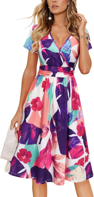 Newshows Womens Summer Short Sleeve Casual Dresses V Neck Floral Vacation Sundress Faux Wrap Midi Dress with Pockets