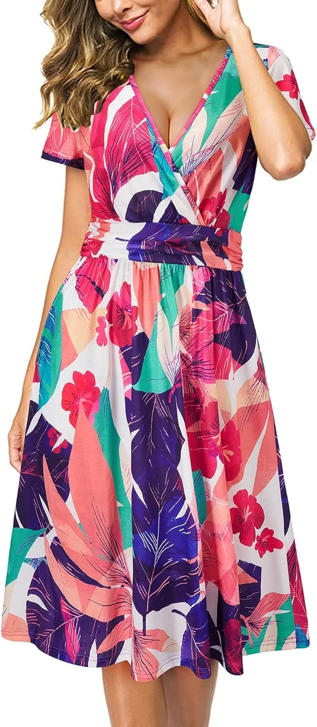 Newshows Womens Summer Short Sleeve Casual Dresses V Neck Floral Vacation Sundress Faux Wrap Midi Dress with Pockets