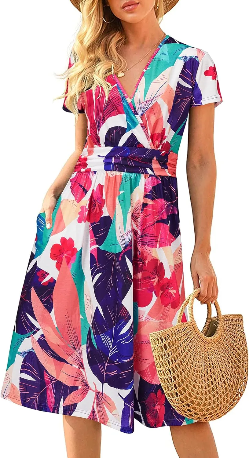 Newshows Womens Summer Short Sleeve Casual Dresses V Neck Floral Vacation Sundress Faux Wrap Midi Dress with Pockets
