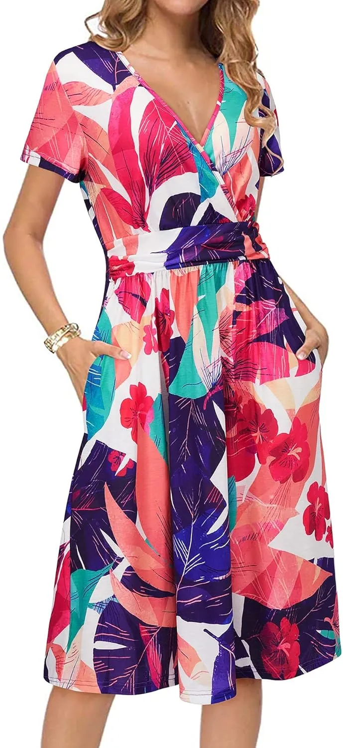Newshows Womens Summer Short Sleeve Casual Dresses V Neck Floral Vacation Sundress Faux Wrap Midi Dress with Pockets
