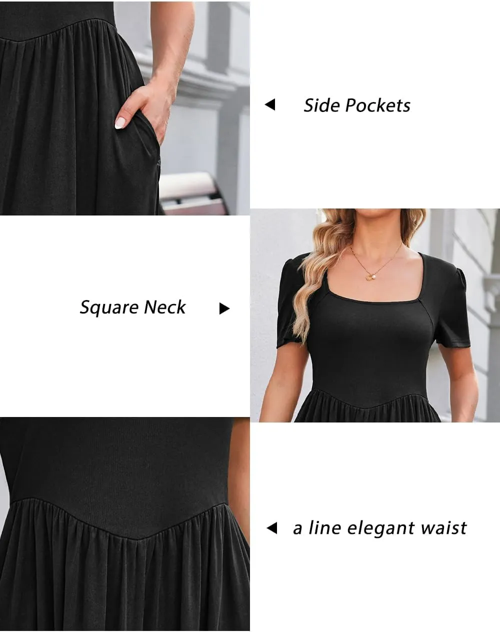 Newshows Women's Summer Square Neck Ribbed Knit Short/Long Sleeve A Line Flowy Midi Dress with Pockets