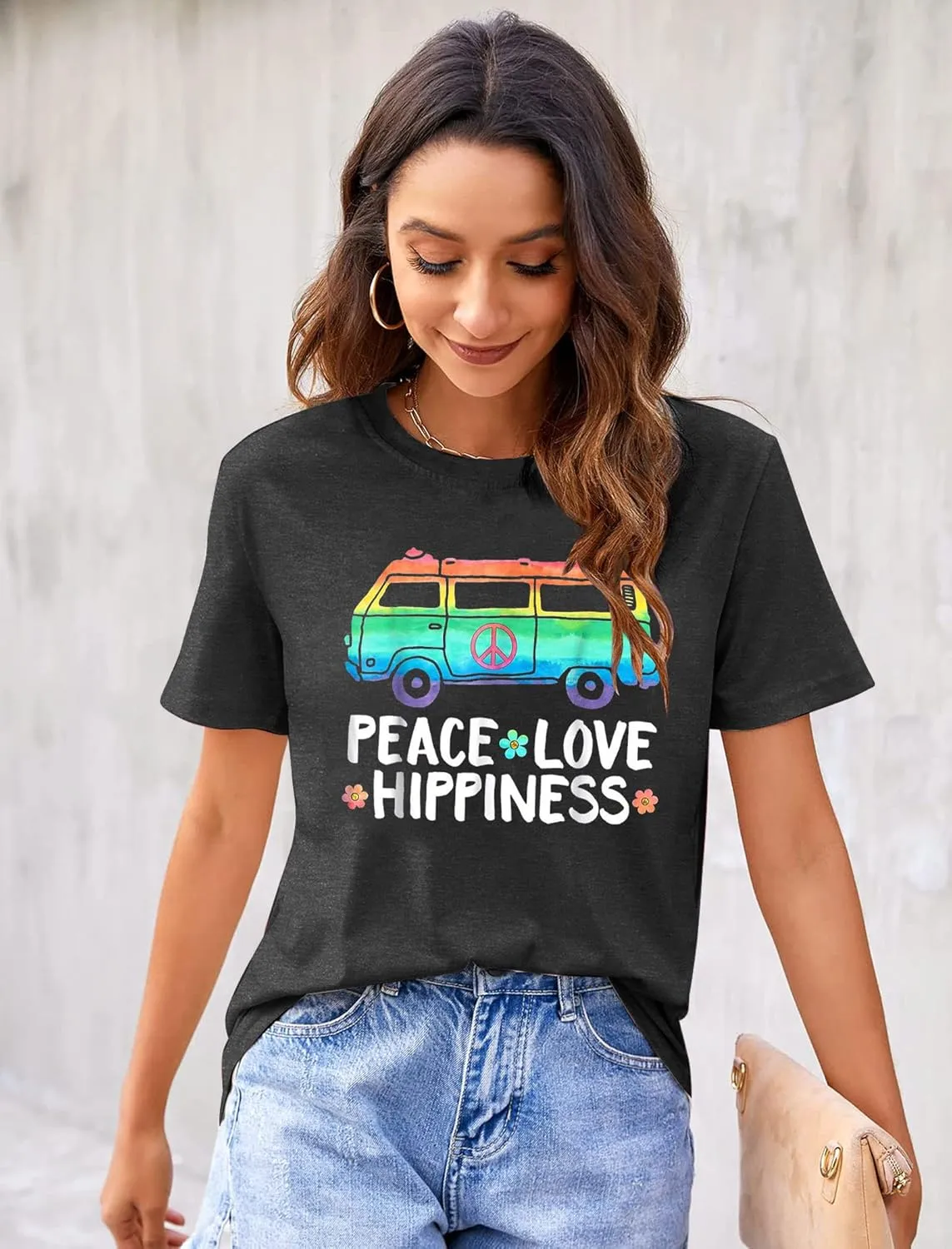 Peace Love T Shirt for Women Hippie Shirts Vintage Graphic Tees Hippy Gifts Tops Short Sleeve Tee Shirts