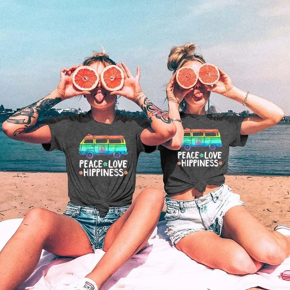 Peace Love T Shirt for Women Hippie Shirts Vintage Graphic Tees Hippy Gifts Tops Short Sleeve Tee Shirts