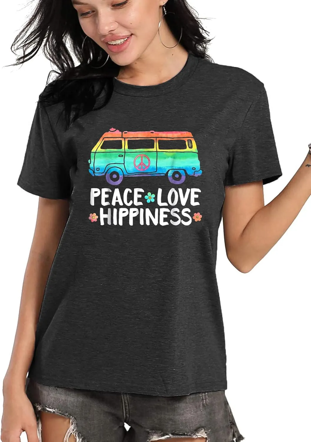 Peace Love T Shirt for Women Hippie Shirts Vintage Graphic Tees Hippy Gifts Tops Short Sleeve Tee Shirts
