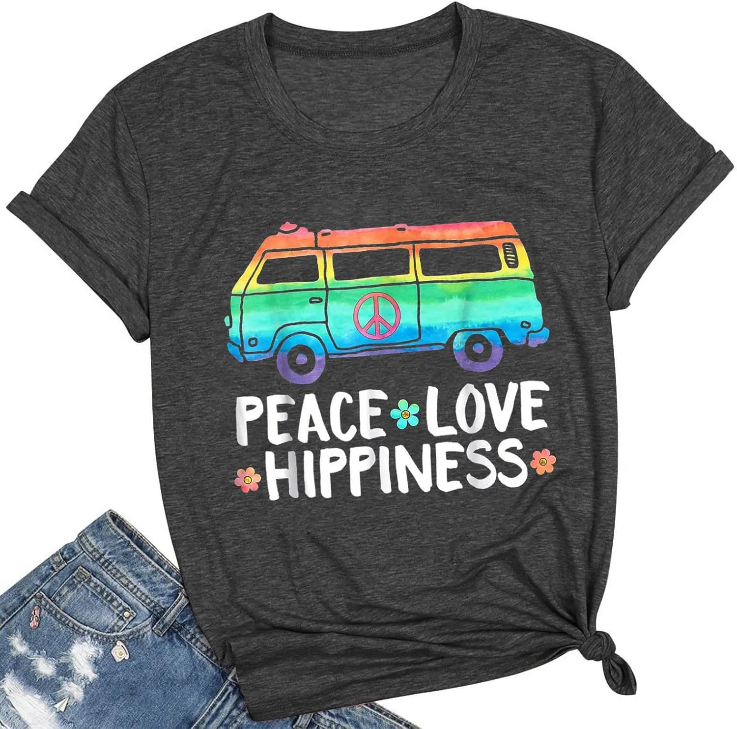 Peace Love T Shirt for Women Hippie Shirts Vintage Graphic Tees Hippy Gifts Tops Short Sleeve Tee Shirts