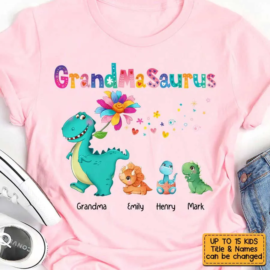 Personalized Grandmasaurus, Nanasaurus Colorful Flower T Shirt for Grandma