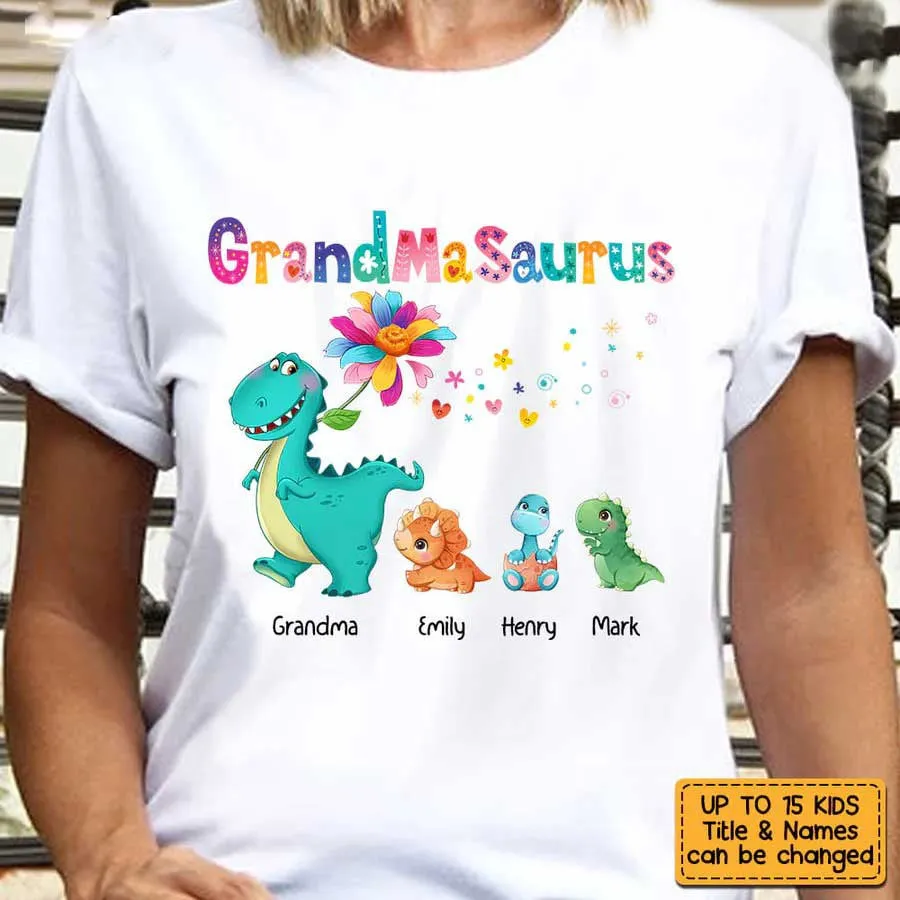 Personalized Grandmasaurus, Nanasaurus Colorful Flower T Shirt for Grandma