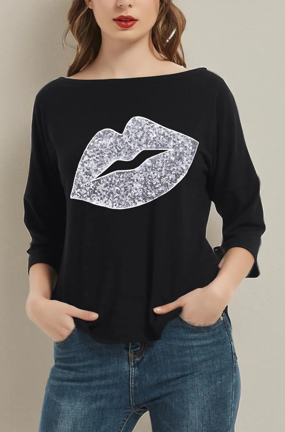PESION Women's Sparkly Sequin Heart Love Shirts 3/4 Sleeve Loose Tunic Tops Boat Neck Love T-Shirt Tees