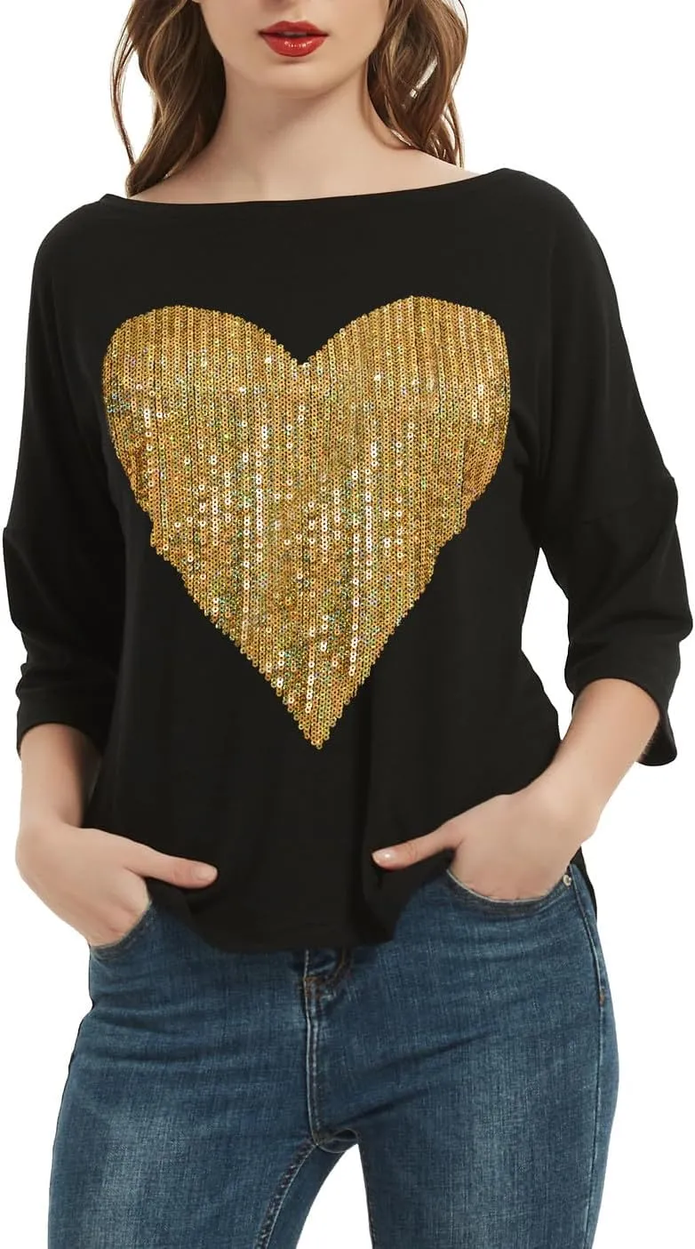 PESION Women's Sparkly Sequin Heart Love Shirts 3/4 Sleeve Loose Tunic Tops Boat Neck Love T-Shirt Tees