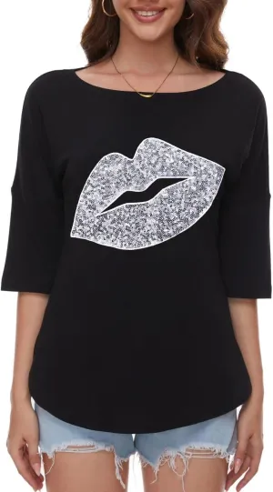 PESION Women's Sparkly Sequin Heart Love Shirts 3/4 Sleeve Loose Tunic Tops Boat Neck Love T-Shirt Tees