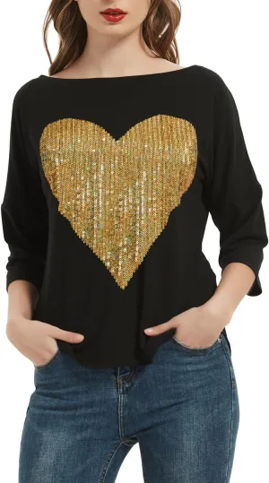 PESION Women's Sparkly Sequin Heart Love Shirts 3/4 Sleeve Loose Tunic Tops Boat Neck Love T-Shirt Tees