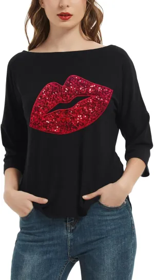 PESION Women's Sparkly Sequin Heart Love Shirts 3/4 Sleeve Loose Tunic Tops Boat Neck Love T-Shirt Tees