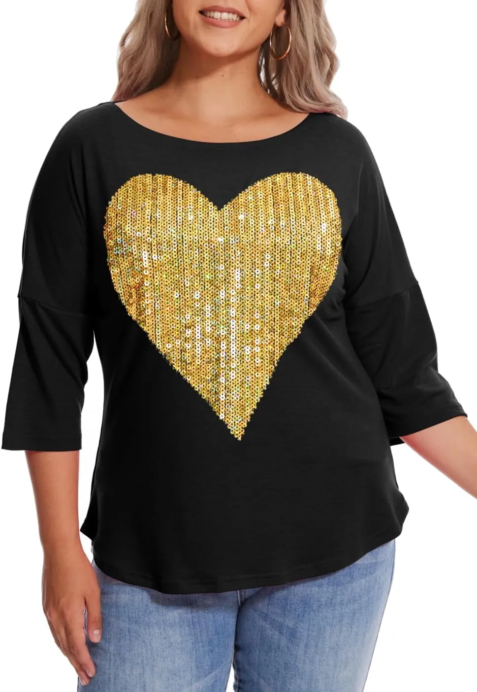 PESION Women's Sparkly Sequin Heart Love Shirts 3/4 Sleeve Loose Tunic Tops Boat Neck Love T-Shirt Tees