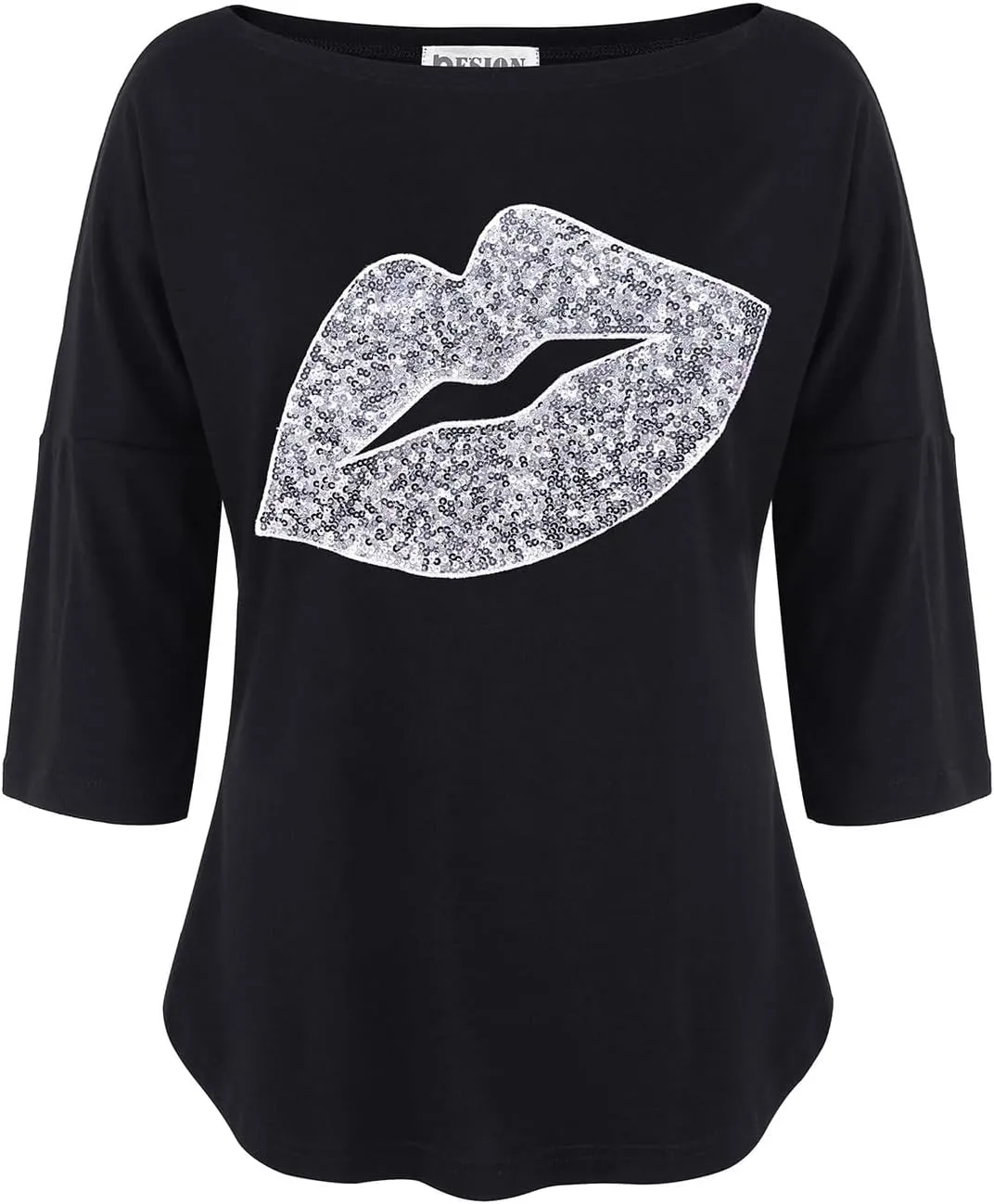 PESION Women's Sparkly Sequin Heart Love Shirts 3/4 Sleeve Loose Tunic Tops Boat Neck Love T-Shirt Tees